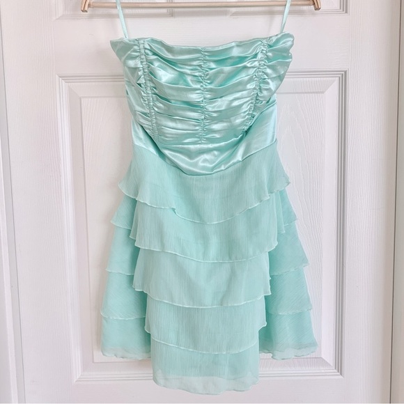 Mint Green Satin Layered Ruffle Chiffon Strapless Party Mini Dress - Picture 1 of 14